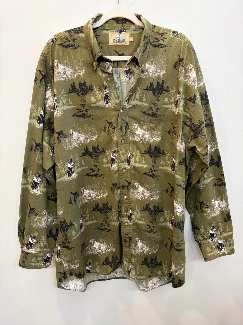 RedHead Green Duck Lab Dog Print Cotton Button Down Long Sleeve Shirt Size XL